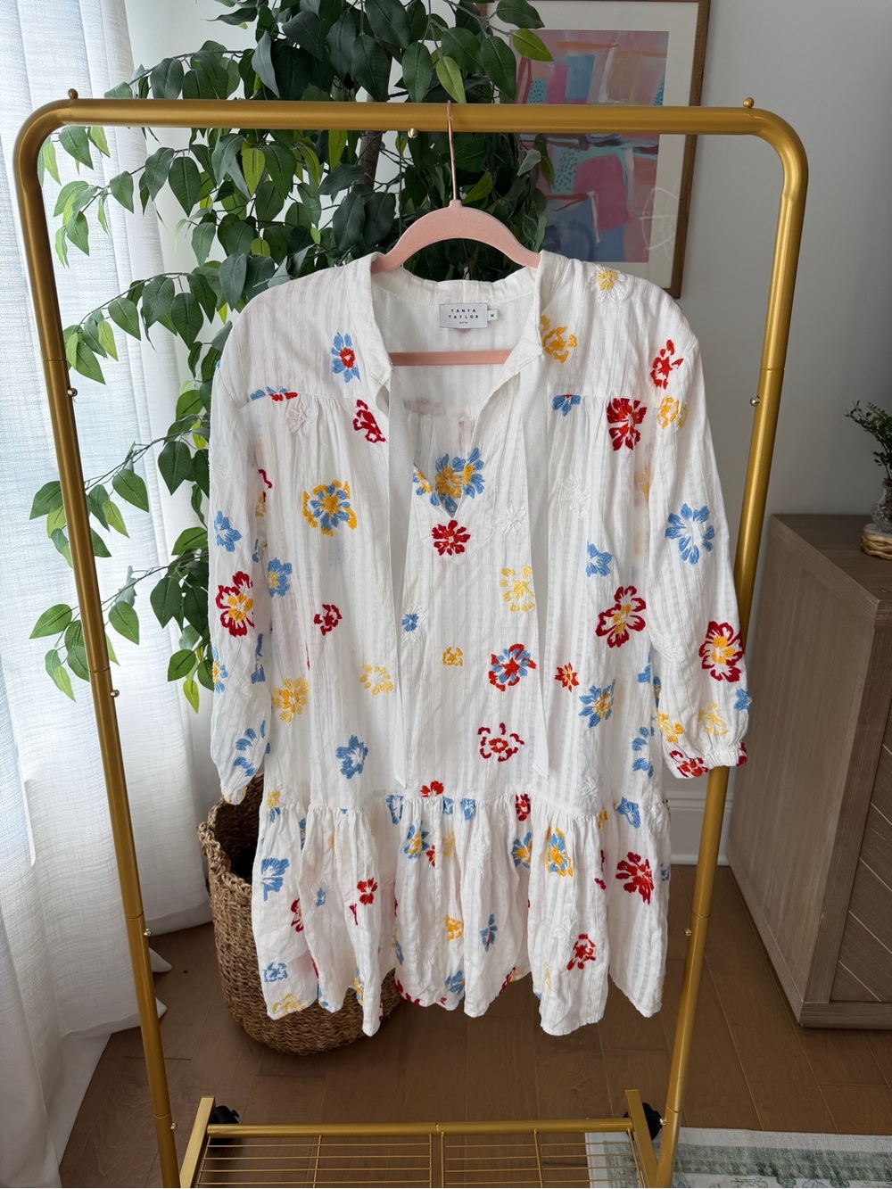 White Floral Embroidered Dress with Red, Blue & Yellow Flowers